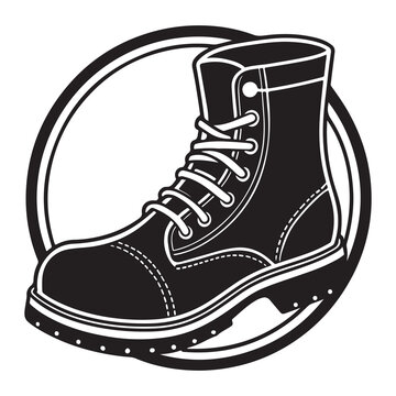 Illustration of a black work boot with white outlines and laces in a circular design on a white background
