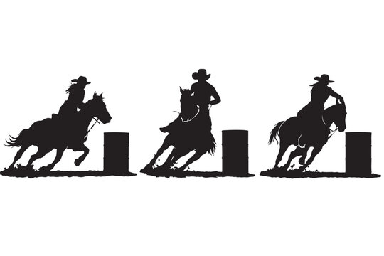 Barrel racing cowgirl silhouettes, western rodeo horse rider vector set, galloping equestrian athletes competing in barrel race event