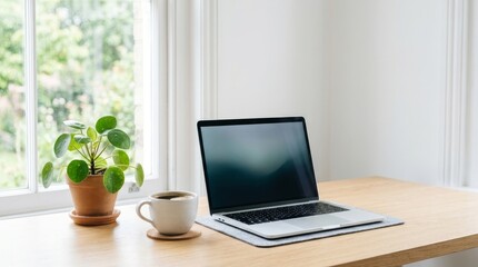 Fototapeta premium Workspace Scene with Laptop and Coffee