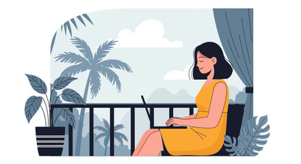 Fototapeta premium Woman working on laptop on a balcony with tropical plants and scenic view