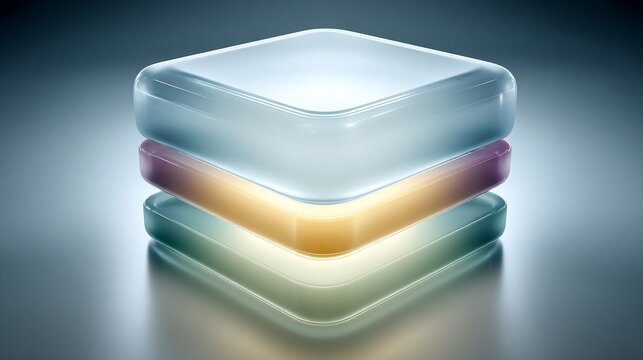Abstract glassy layered cube stack with soft, luminous colors and subtle reflections on a gradient backdrop