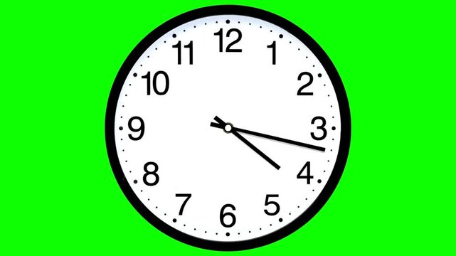 Classic analog wall clock ticking 12 hours animation loop footage with spinning hours and minutes hands isolated on chroma key green screen background for time lapse video editing