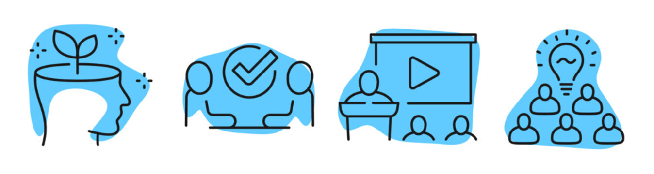 Team learning and idea generation icons in presentation. Editable stroke