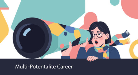 Obraz premium Curious person looking through telescope, discovering future career opportunities