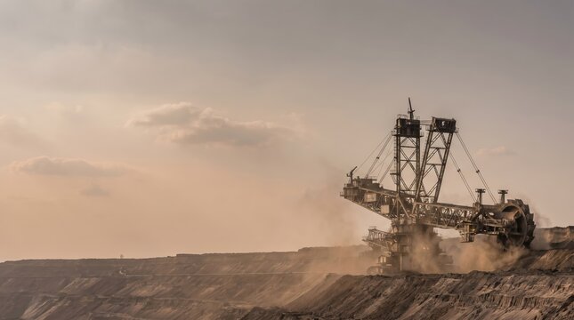 Massive Bucket Wheel Excavator Extracting Lignite Coal in Open Pit Mine at Sunset