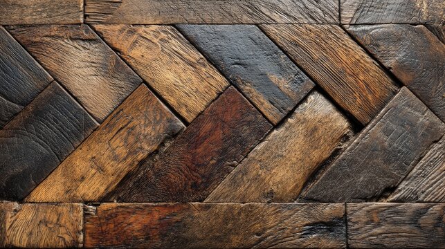Vintage parquet floor texture, herringbone wood pattern, oak timber pieces, aged surface with scratches, classic background 