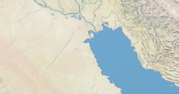 Kuwait on Globe. Zoom into the country with Earth spinning on dark background. Physical world map with Kuwait and label on it. Country view animation.