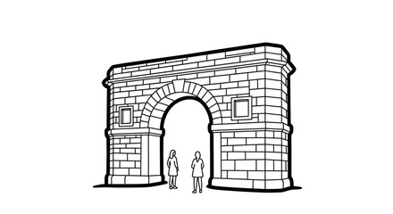Fototapeta premium Illustration of Historic Stone Archway with Two Figures Walking.
