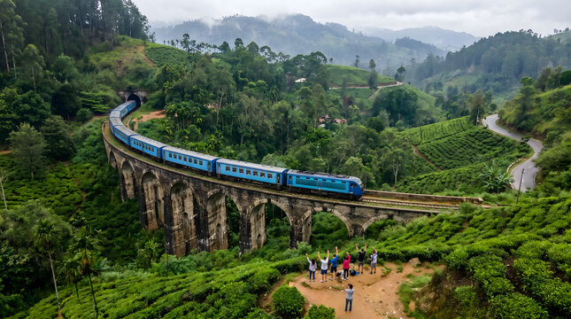 A blue train crosses the historic Nine Arch Bridge amidst lush green tea plantations and misty mountains in the beautiful Sri Lankan highlands.