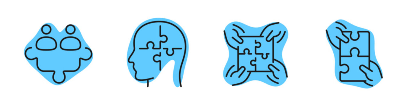Collaborative hands assembling puzzle pieces indicating team thinking. Editable stroke