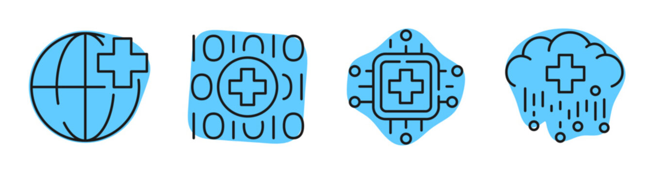 Global health technology icons showing data cloud and digital systems. Editable stroke
