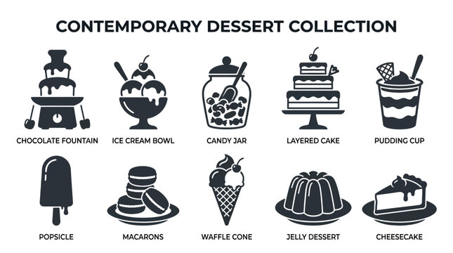 Contemporary dessert silhouette vector collection featuring chocolate fountain  ice cream bowl  candy jar  layered cake  pudding cup  popsicle  macarons  waffle cone  jelly dessert  and cheesecake 