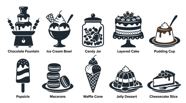 Contemporary dessert silhouette vector collection featuring chocolate fountain  ice cream bowl  candy jar  layered cake  pudding cup  popsicle  macarons  waffle cone  jelly dessert  and cheesecake 