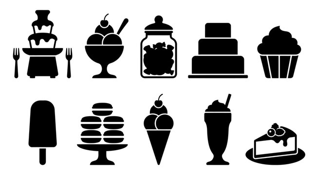 Contemporary dessert silhouette vector collection featuring chocolate fountain  ice cream bowl  candy jar  layered cake  pudding cup  popsicle  macarons  waffle cone  jelly dessert  and cheesecake 