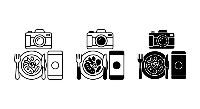 Food Photography Icons Set, Camera and Meal Graphics, Culinary Visuals, Vector Elements