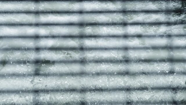 A salmon leaps through a striped shadow pattern cast by a grate on the water. Slow motion reveals the fish body navigating the Ganaraska River fish ladder.