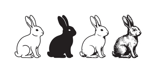 Diverse Rabbit Art Collection: Simple Line Art, Solid Silhouette, Detailed Etching, and Loose Doodle Sketch of Bunnies © KirST