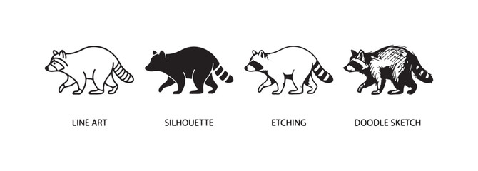 Raccoon Walking Pose in Four Art Styles: Line Art, Silhouette, Etching, and Doodle Sketch, with Style Labels © KirST