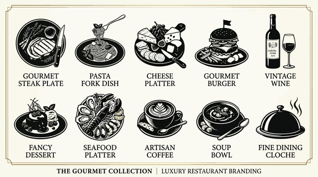 Modern gourmet food silhouette collection including steak plate  pasta fork dish  cheese platter  gourmet burger  wine bottle  fancy dessert  seafood platter  artisan coffee  soup bowl  and fine 