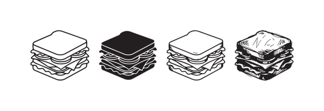Four square sandwiches presented in various artistic styles: simple outline, solid black, clean line art, and detailed hand-drawn sketch.