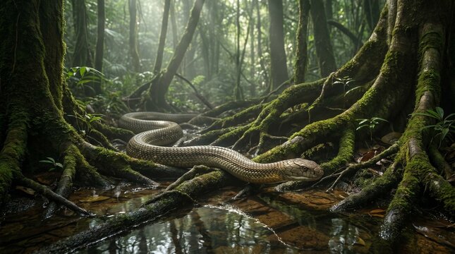 Large snake slithering through lush rainforest with dense foliage