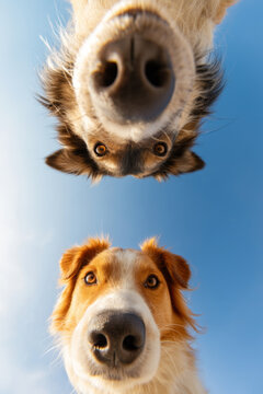 Two dogs with distinct fur patterns and colors looking up at the camera against a clear blue sky, showcasing their curious expressions and playful demeanor