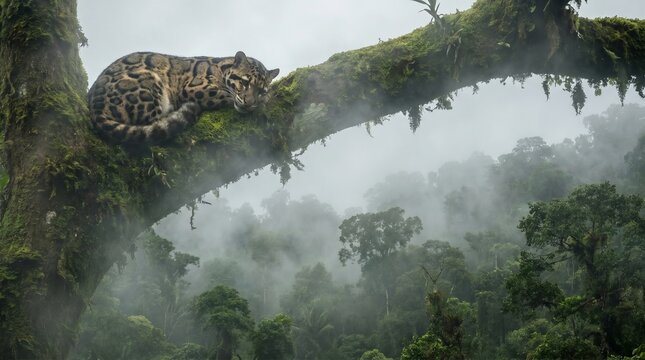Clouded leopard resting on moss-covered tree in misty rainforest