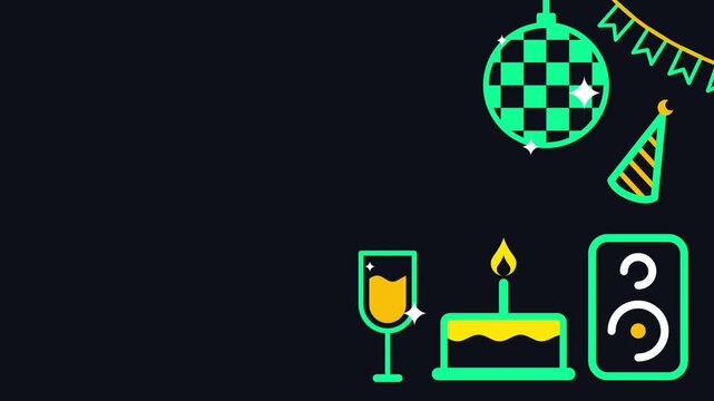 A teal composite icon showing a disco ball, party hat, champagne glass, cake, and speaker together representing a complete party or celebration scene