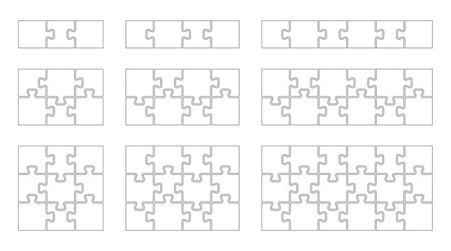 Jigsaw puzzle piece set in different sizes. Collection of templates with different pieces for game, infographic, educational design. Vector jigsaw picture template. Kit of Puzzle grid business chains