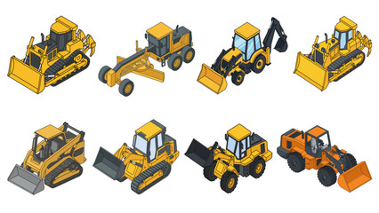 Collection of isometric construction vehicles on a black background © Sania