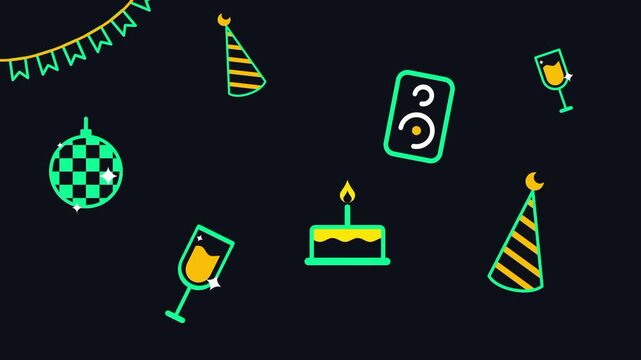A scattered teal party icon collage showing a hat, disco ball, cake, speaker, and glass arranged freely as a fun celebratory composition