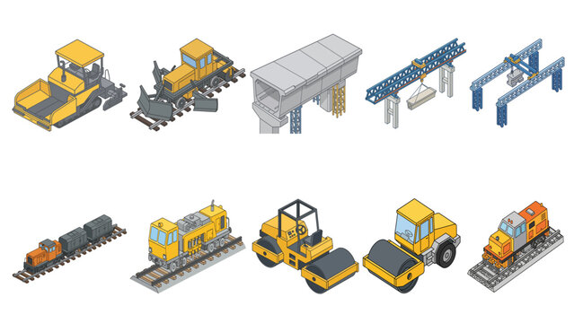 Collection of isometric railway construction machinery and vehicles