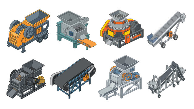 Set of isometric industrial crushing and conveyor machines on white background