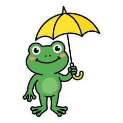 Obraz premium A green cartoon frog holding a yellow umbrella on a white background, smiling and looking cute