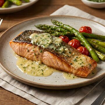 Pan Grilled Salmon with Garlic Butter Sauce Soft Warm Studio Lighting Food Photography