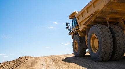 Fototapeta premium Heavy duty mining dump truck parked on surface haul road, construction site logistics transport