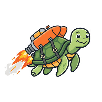 Smiling cartoon turtle with a rocket pack on its back flying through the air with flames and smoke