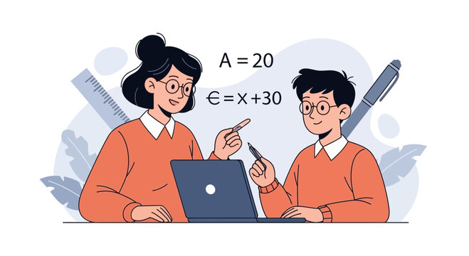 Teacher explaining math equations to student with laptop and pen