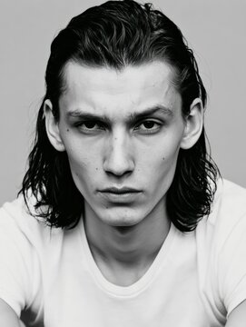 Elegant Black and White Portrait of a Model with Quiff Hairstyle