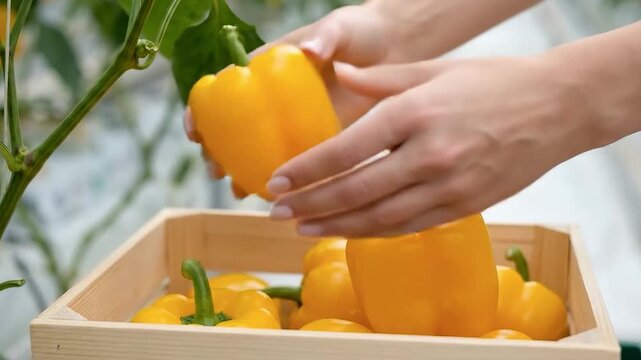 Close-Up of Hands Harvesting Shiny Yellow Bell Pepper into Wooden Crate