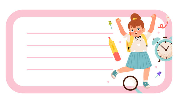 Cute school label template with student girl and classroom supplies. Flat vector illustration isolated on white background.