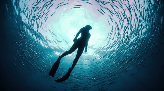 Underwater silhouette of diver below a circular school of sardines