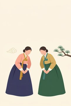 Abstract figures in traditional Korean hanbok performing New Year bow in minimal vertical illustration