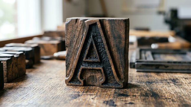 Close-up of vintage wooden letterpress block with the letter A on a printing table.