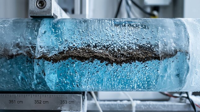Close-up of icy water flowing over a metallic surface with frost and condensation.