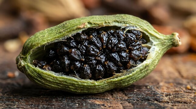 Close-up of a ripe bitter melon with dark seeds on rustic wooden surface.
