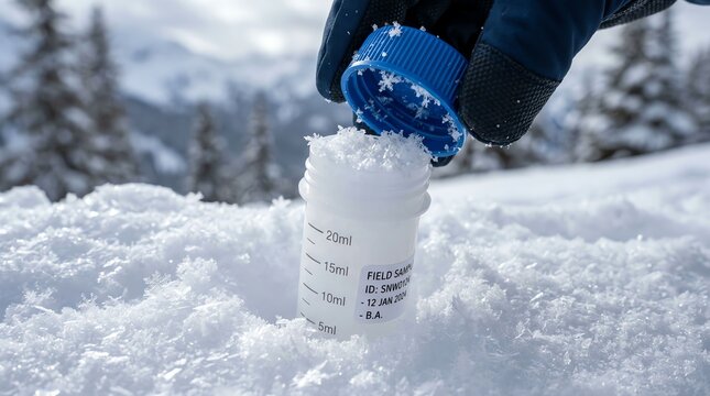 Close-up of a hand holding a small bottle of sunscreen in snowy outdoor environment.