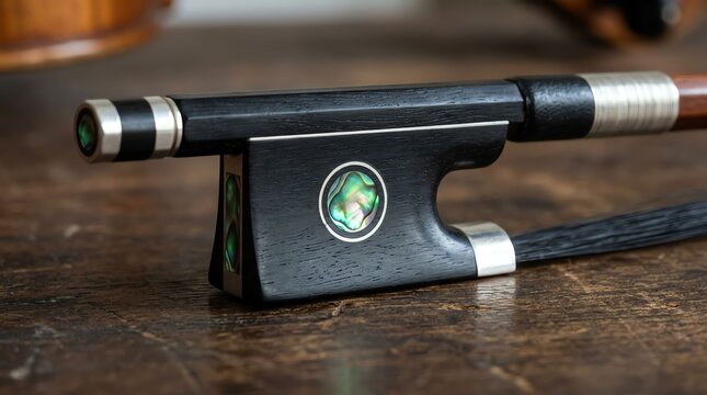 Close-up of a black electronic device with a green logo on a wooden surface.