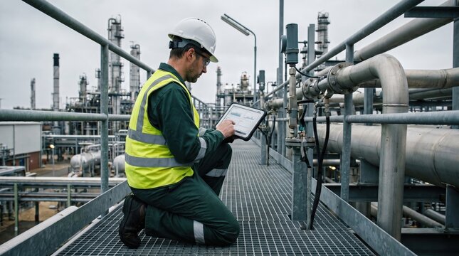 Modern field engineer using digital tablet for refinery asset management and planning