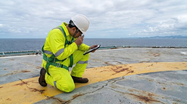 Male offshore aviation safety officer checking helideck landing lights on energy platform